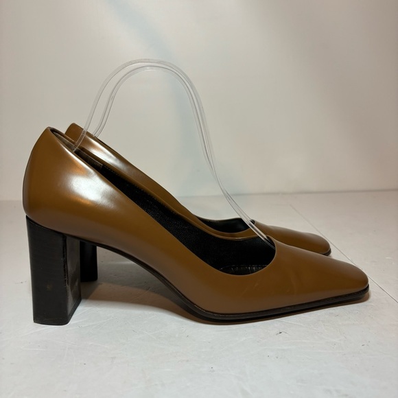 PRADA Camel Brown Patent Leather Squared Toe Pump Heels Women’s Sz 38 US Size 8 - Picture 1 of 10